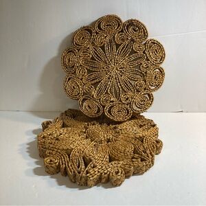 AS IS Vintage Rattan Trivet Set of 2 Floral Design Brown Boho